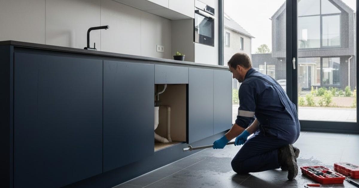 Monteur van Twentyfourseven service voert gootsteenontstopping uit in Amersfoort